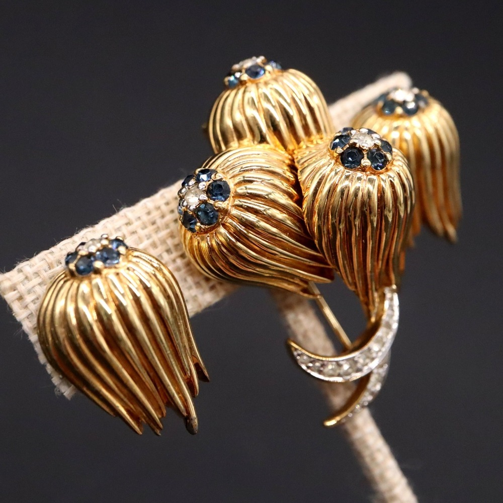 Vtg Jomaz Gold Flower Brooch & Converted Post Earrings Blue and Clear Rhinestone
